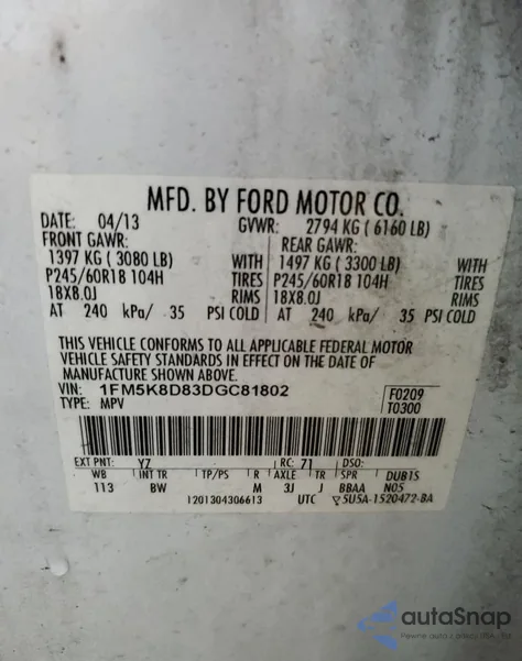 2013 Ford Explorer Xlt из США, поврежденный, VIN 1FM5K8D83DGC81802